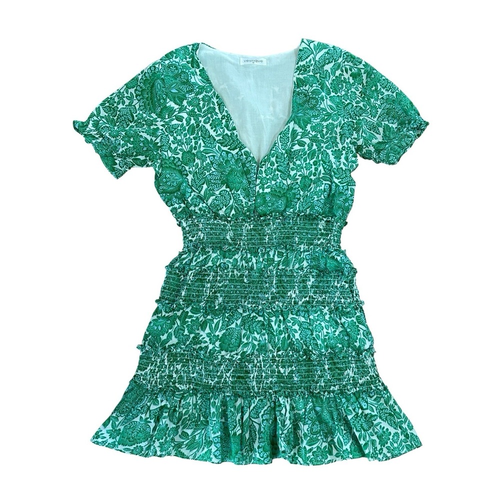 Vestique Mini Dress Womens Medium White Green Paisley Elastic Waist Summer